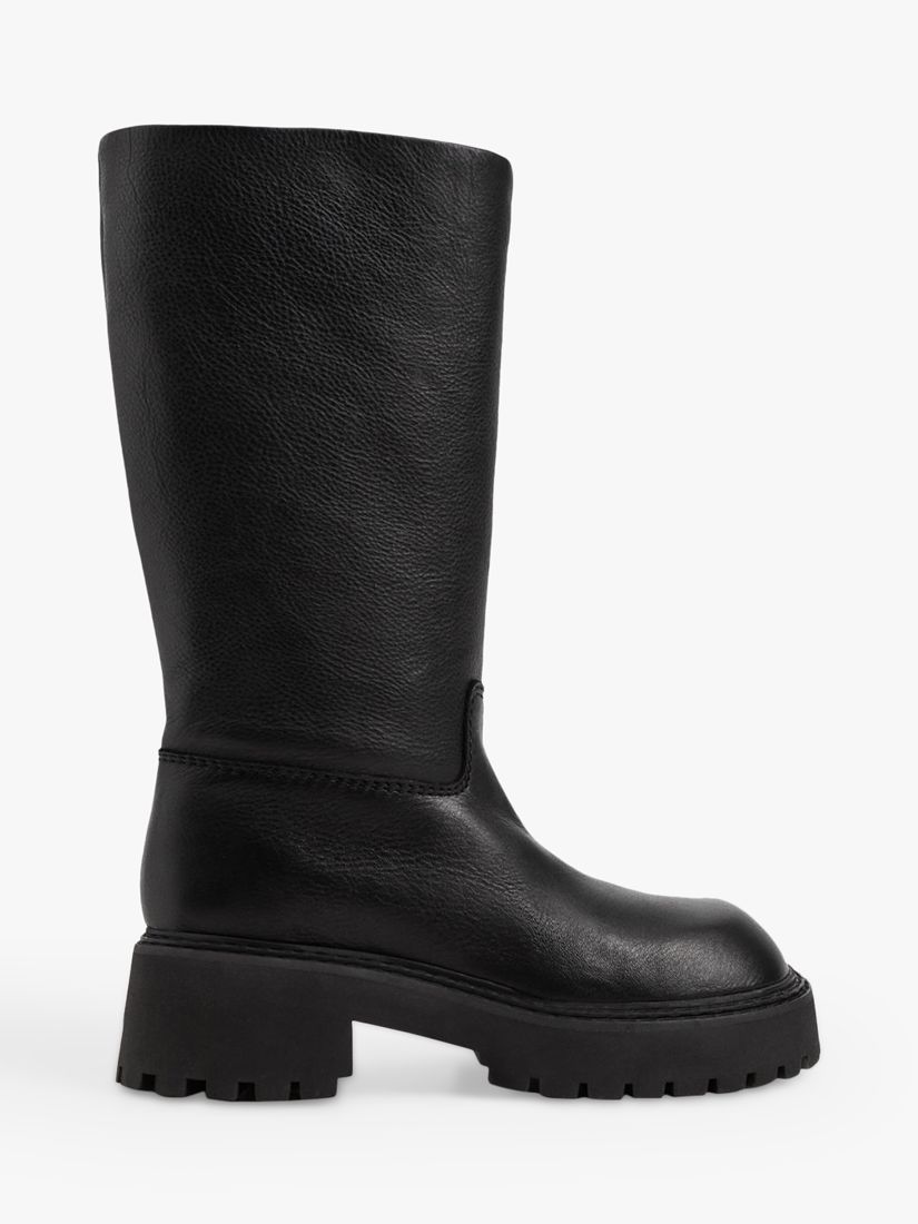 Mango Prima Leather Block Heel Calf Boots, Black at John Lewis & Partners