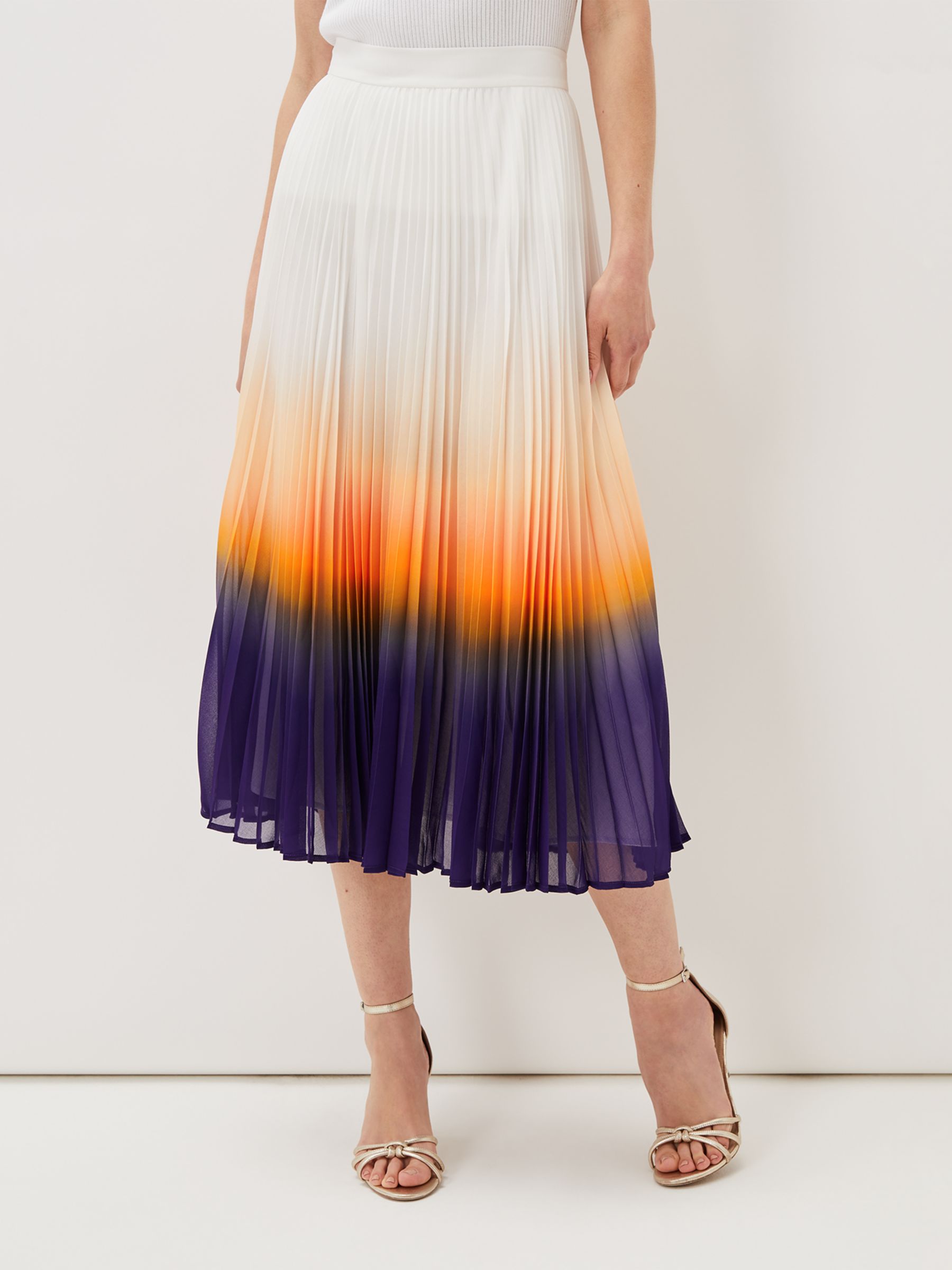 Phase Eight Raya Pleated Dip Dye Midi Skirt, Violet/Multi, 6