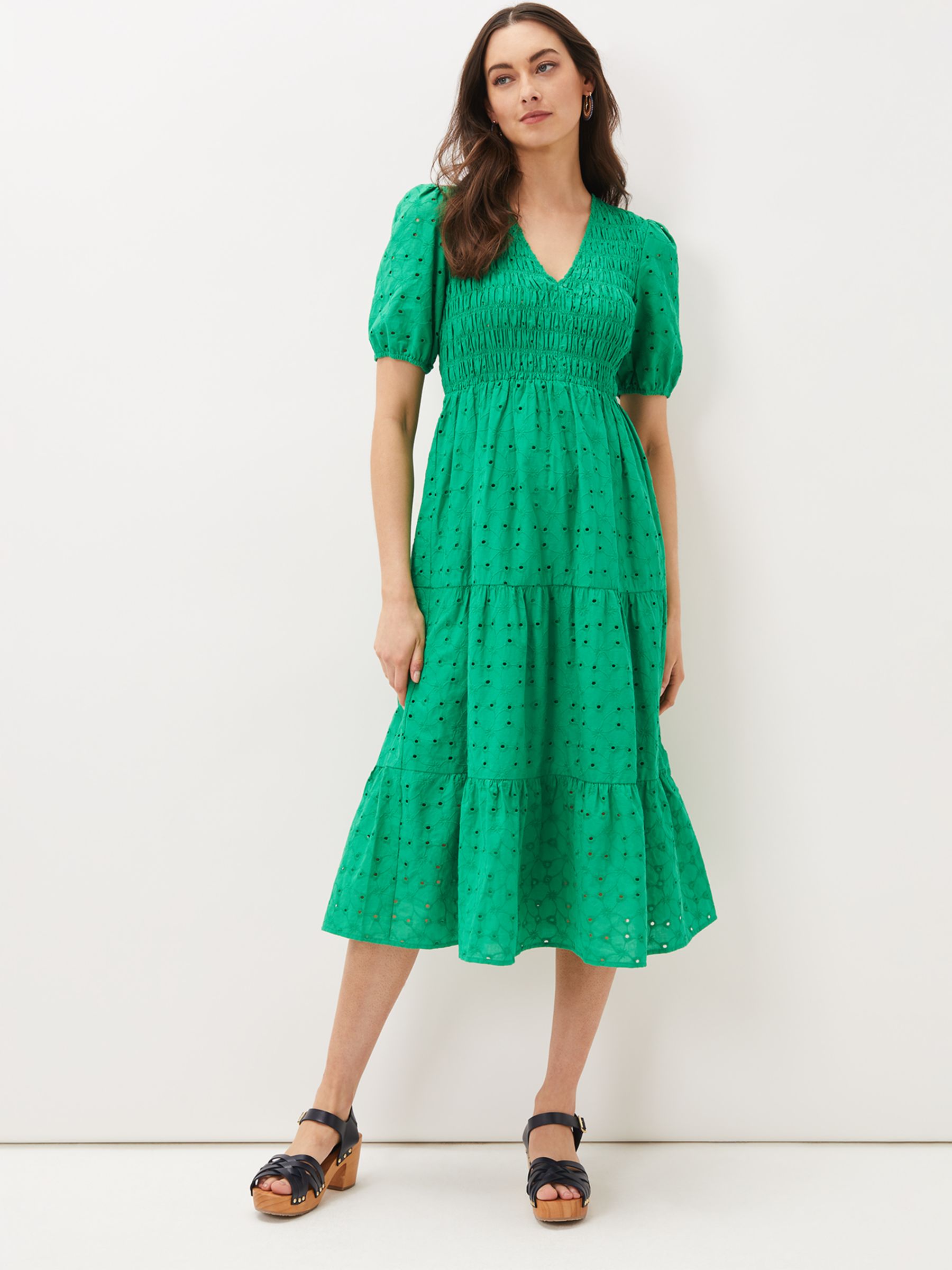 Phase Eight Greta Tiered Broderie Midi Dress, Green at John Lewis ...