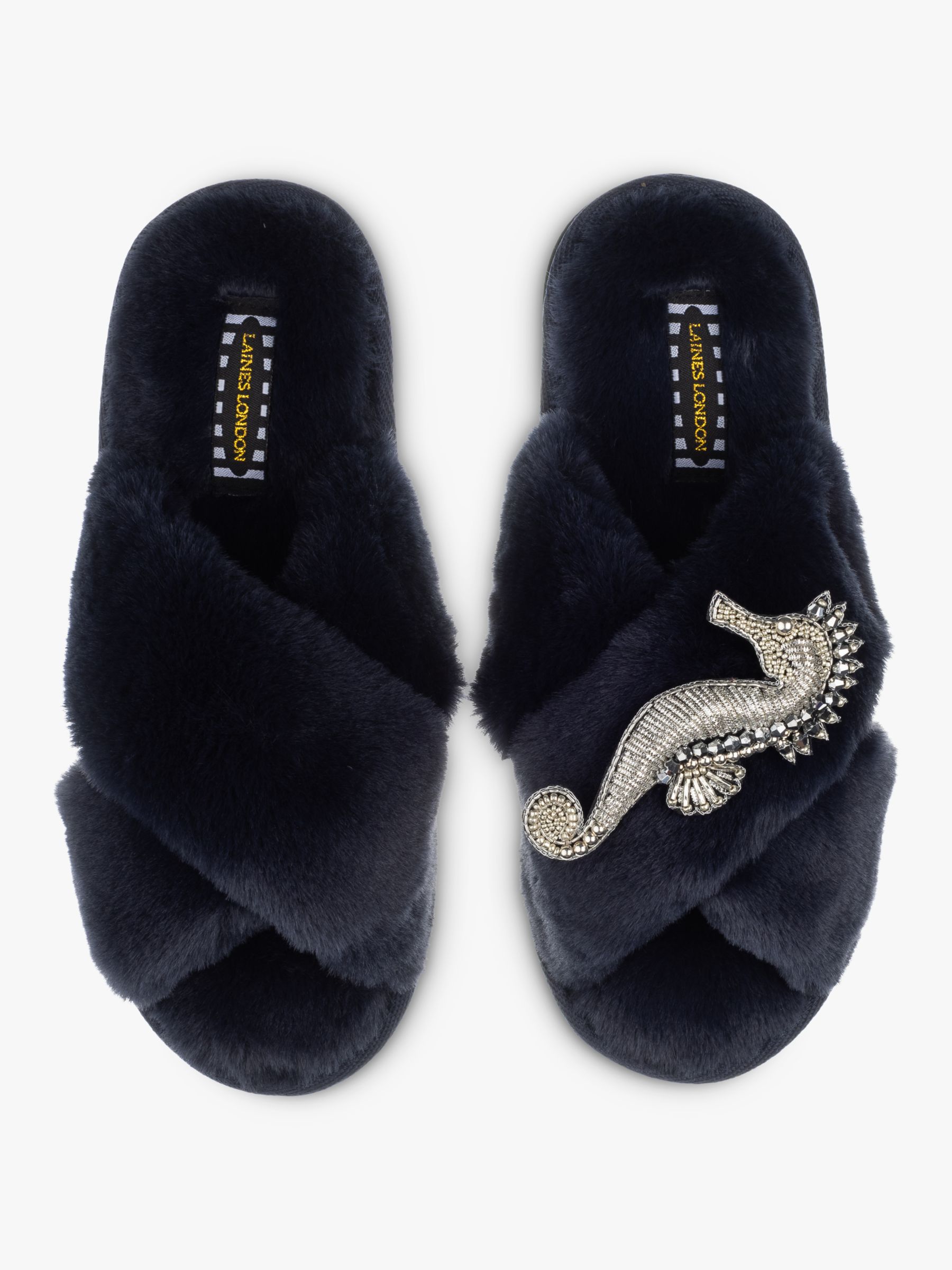 Laines London Classic Faux Fur Seahorse Brooch Slippers, Navy/Silver at ...