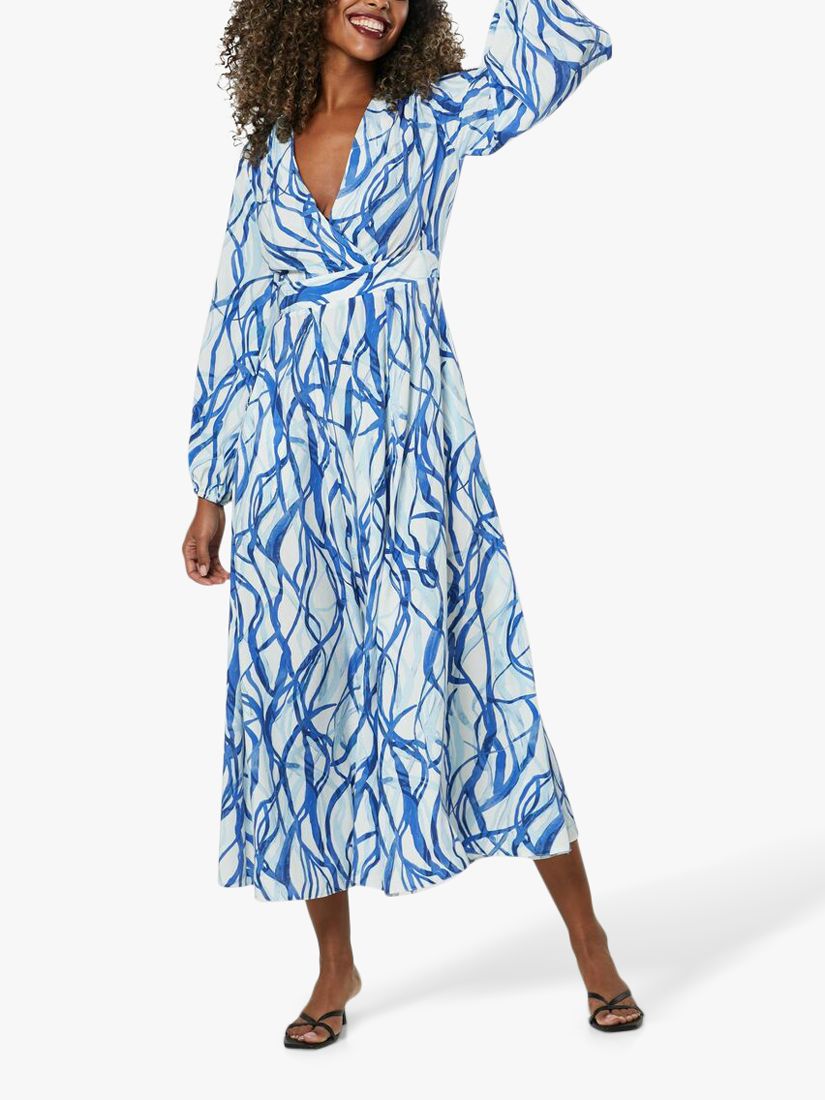 Closet London Puff Sleeve Wavy Stripe Wrap Midi Dress, Blue
