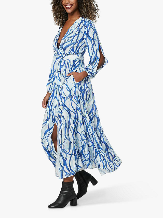 Closet London Puff Sleeve Wavy Stripe Wrap Midi Dress, Blue