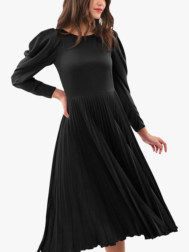Closet London Puff Sleeve Pleated Midi Dress, Black