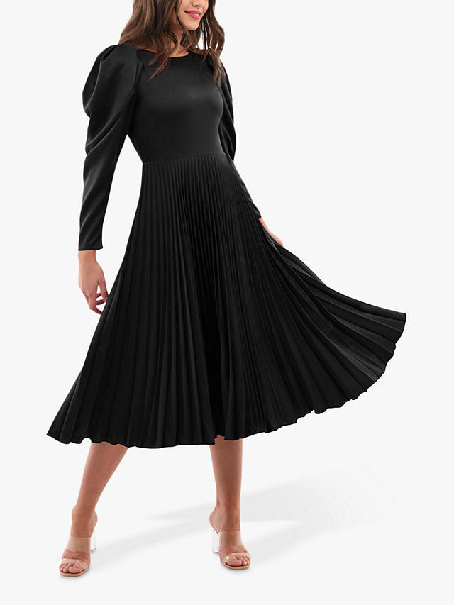 Closet London Puff Sleeve Pleated Midi Dress, Black