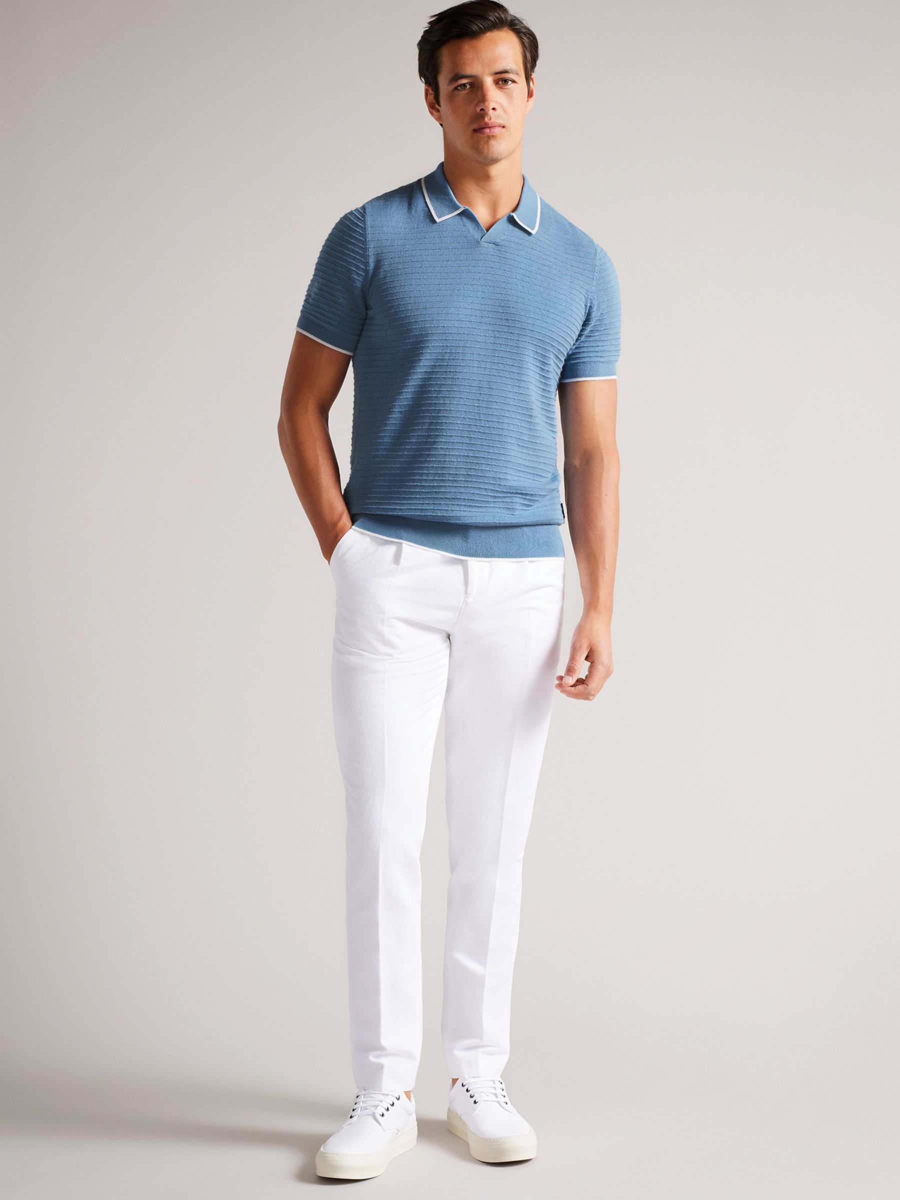 Ted Baker Durdle Textured Stripe Polo Shirt, Sky Blue at John Lewis ...