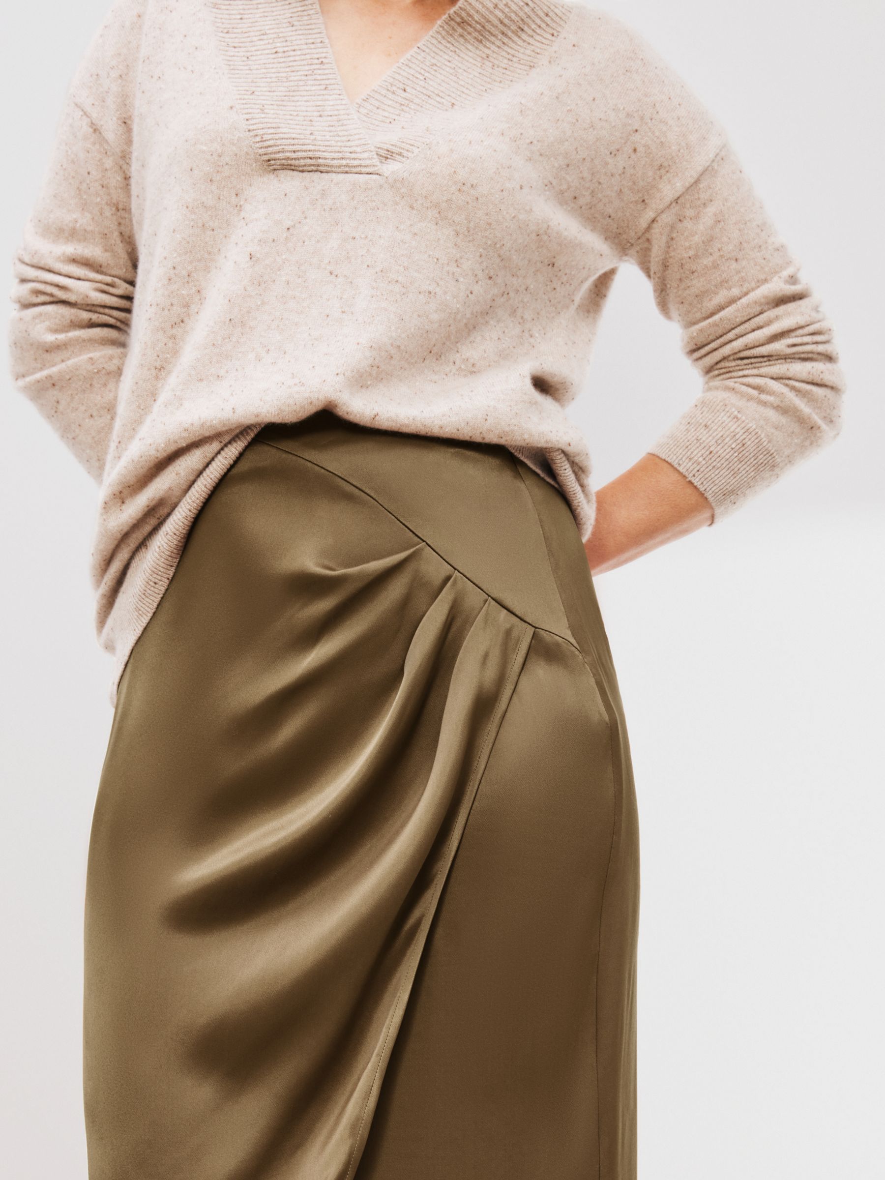 Beige Linen Look Ruched Side Split Leg Midi Skirt