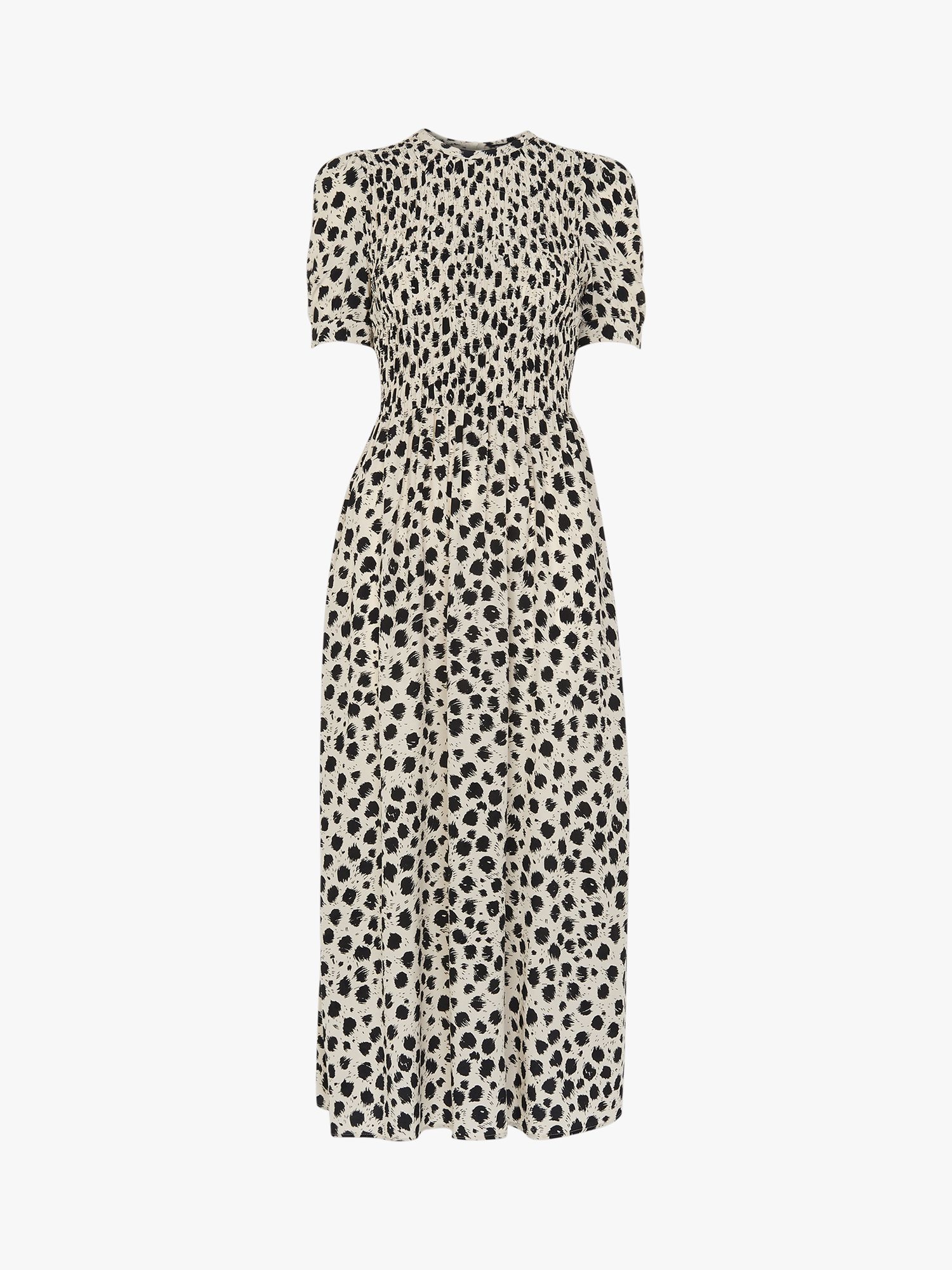 Whistles Dalmatian Shirred Midi Dress, Black/White