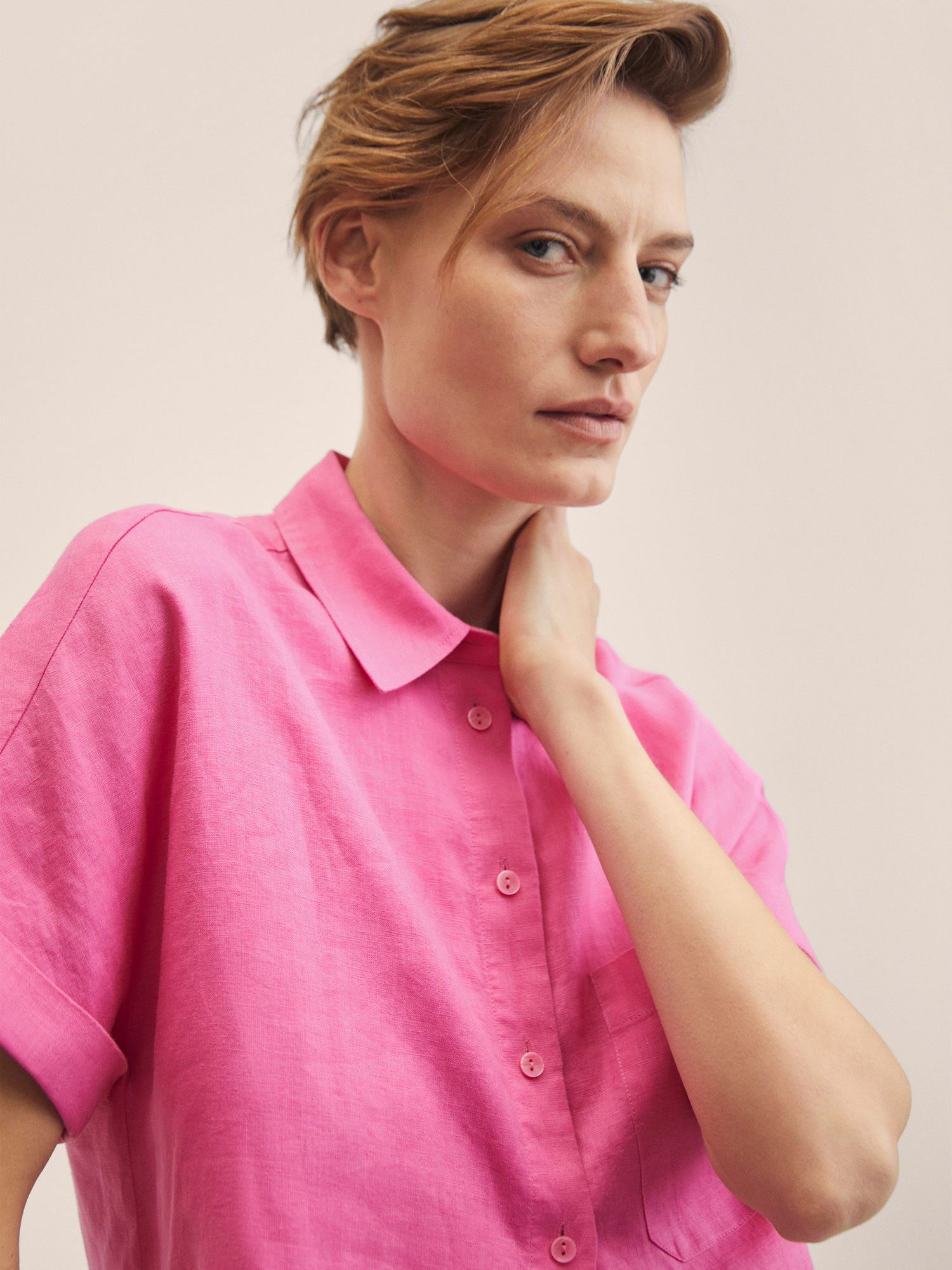 Mango Pai Linen Short Sleeve Shirt, Pink at John Lewis & Partners