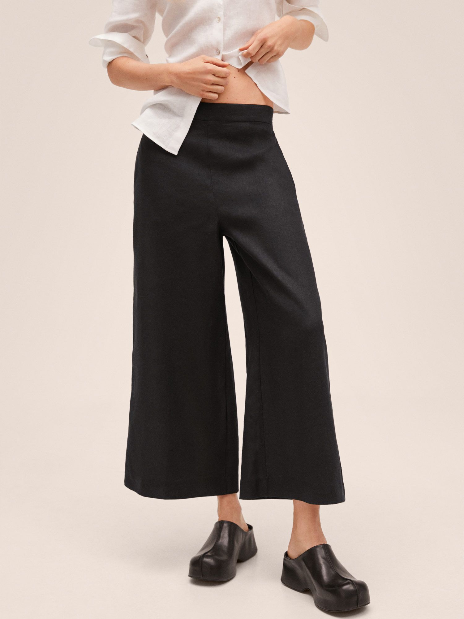 Mango Lote Linen Cropped Trousers, Black at John Lewis & Partners