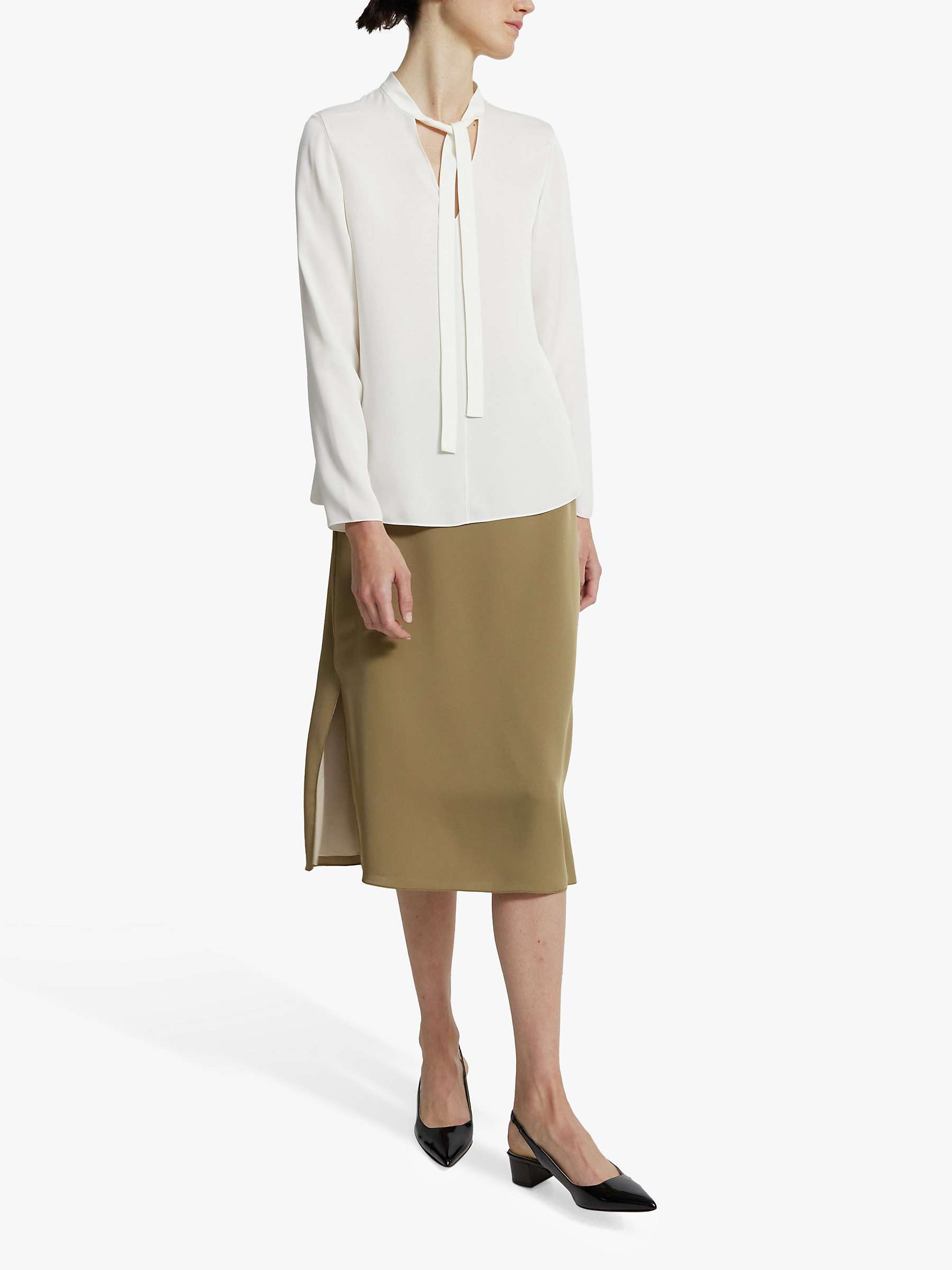 Theory Plain Tie Neck Long Sleeve Silk Top, Ivory at John Lewis & Partners