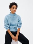 Theory Sculpted High Neck Cable Knit Cashmere Blend Jumper, Bluebell