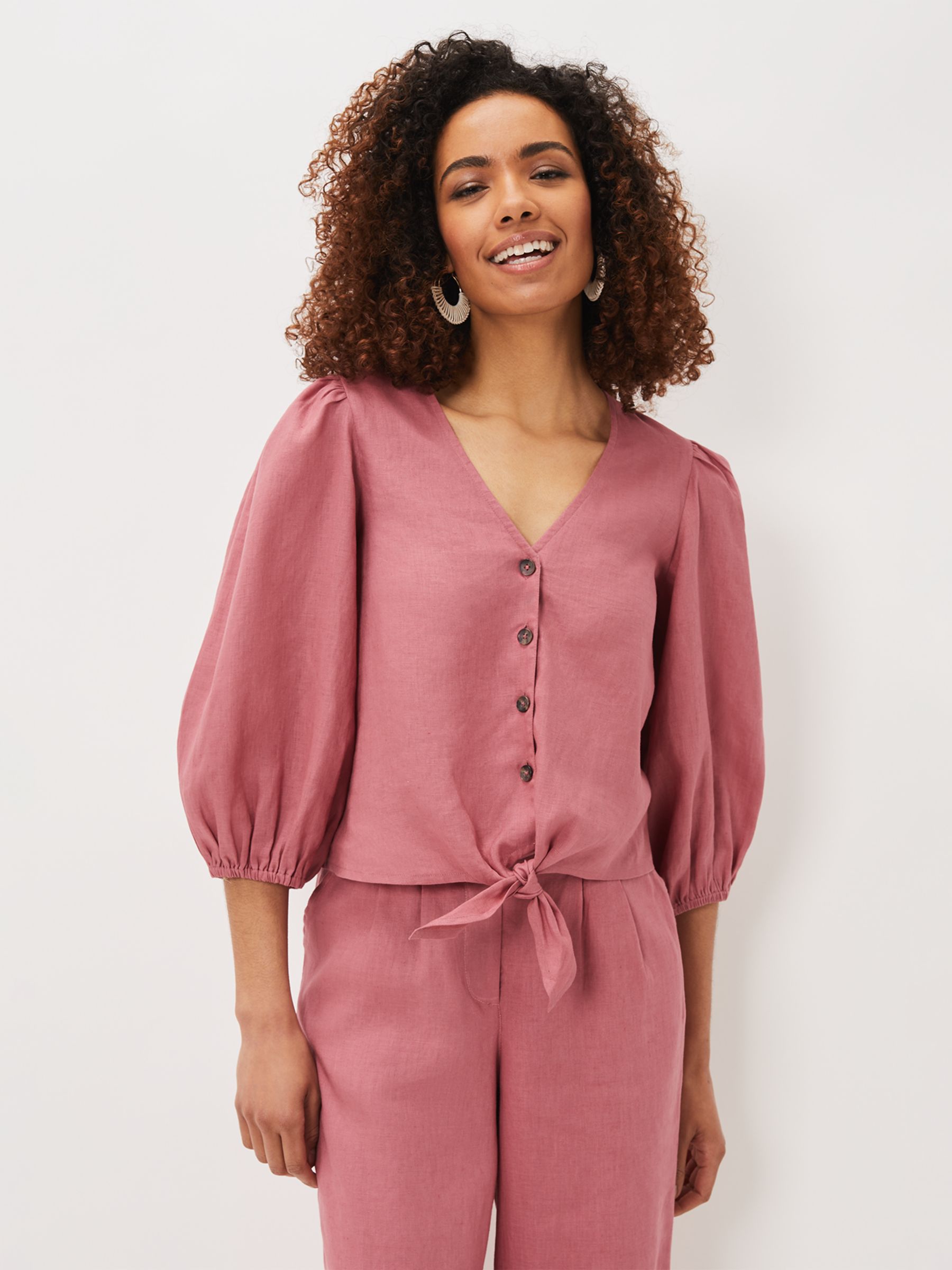 Phase Eight Raven Linen Tie Front Top, Rose, 14