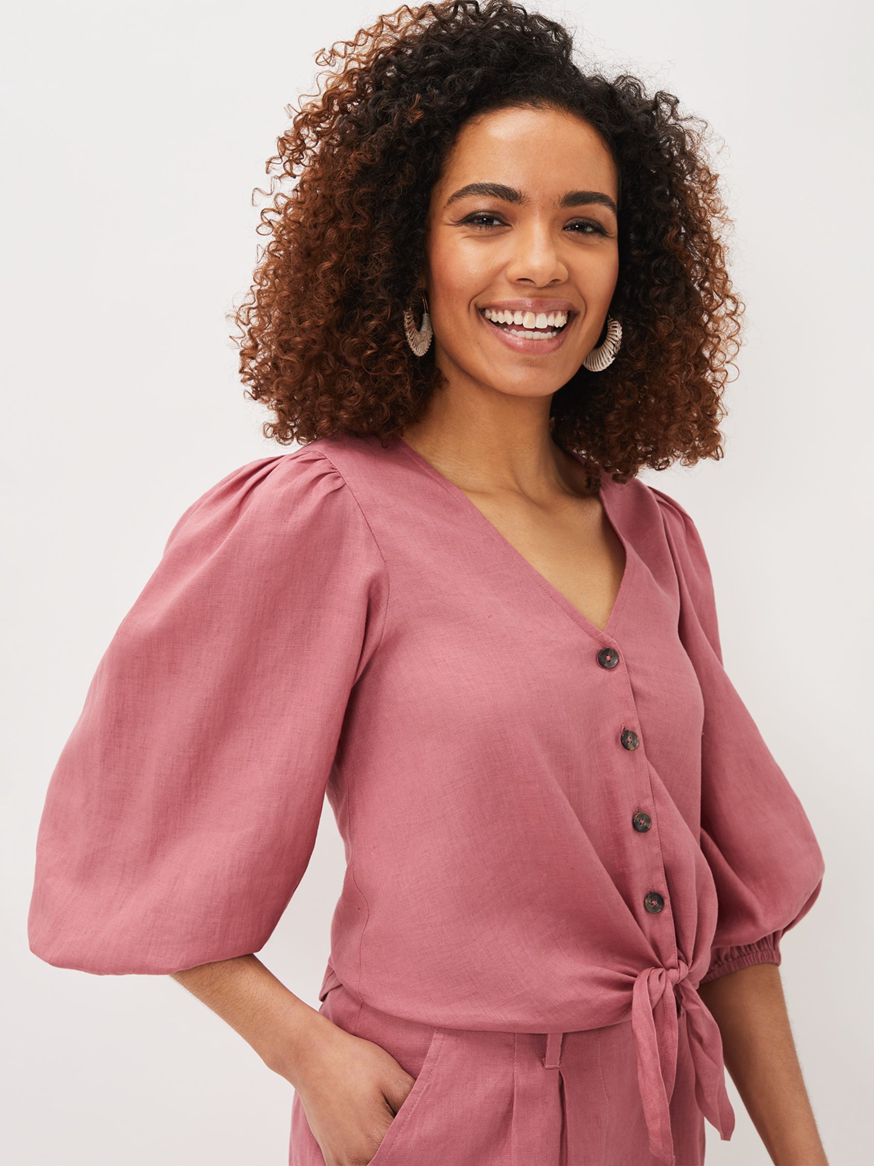 Phase Eight Raven Linen Tie Front Top, Rose, 14