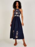 Monsoon Leah Floral Embroidered Linen Blend Midi Dress, Navy