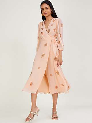Monsoon Ava Embellished Midi Wrap Dress, Coral