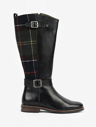 Barbour Wren Leather Knee Boots, Black/Classic Tartan