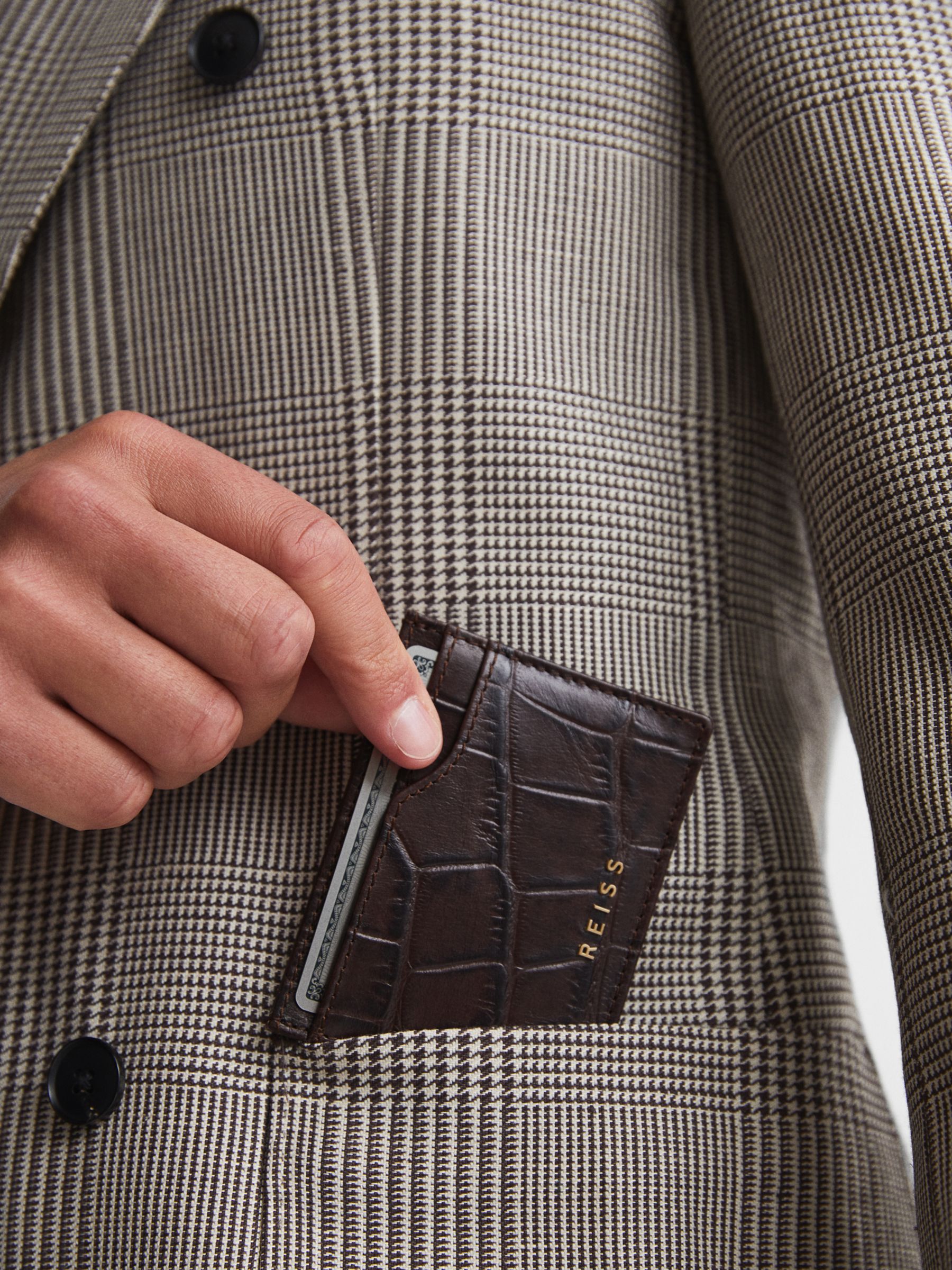 Reiss Cabot Grained Leather Card Holder, Chocolate at John Lewis & Partners