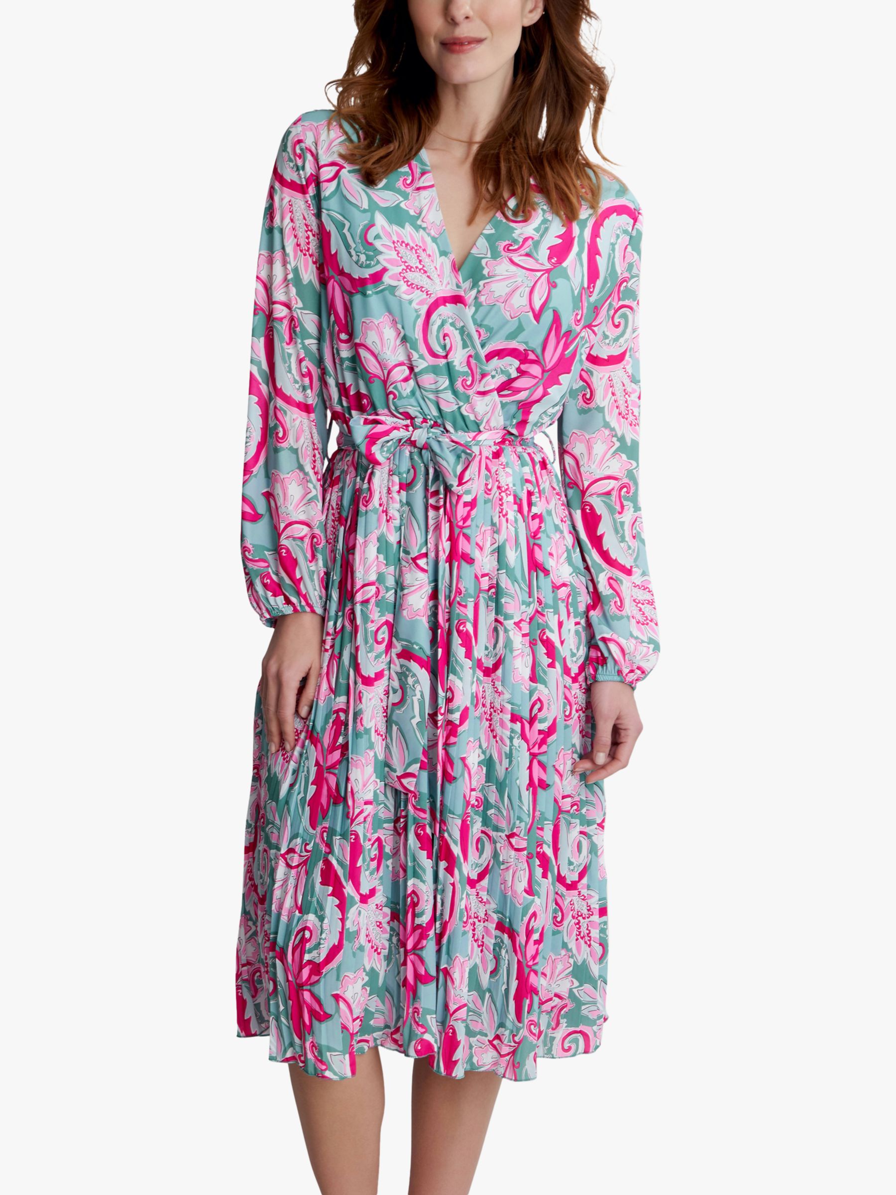 Gina Bacconi Mindi Wrap Floral Midi Dress, Green/Pink, S