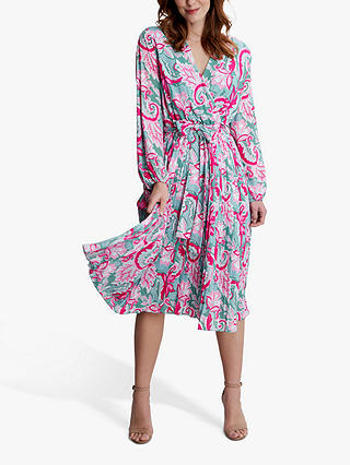 Gina Bacconi Mindi Wrap Floral Midi Dress, Green/Pink