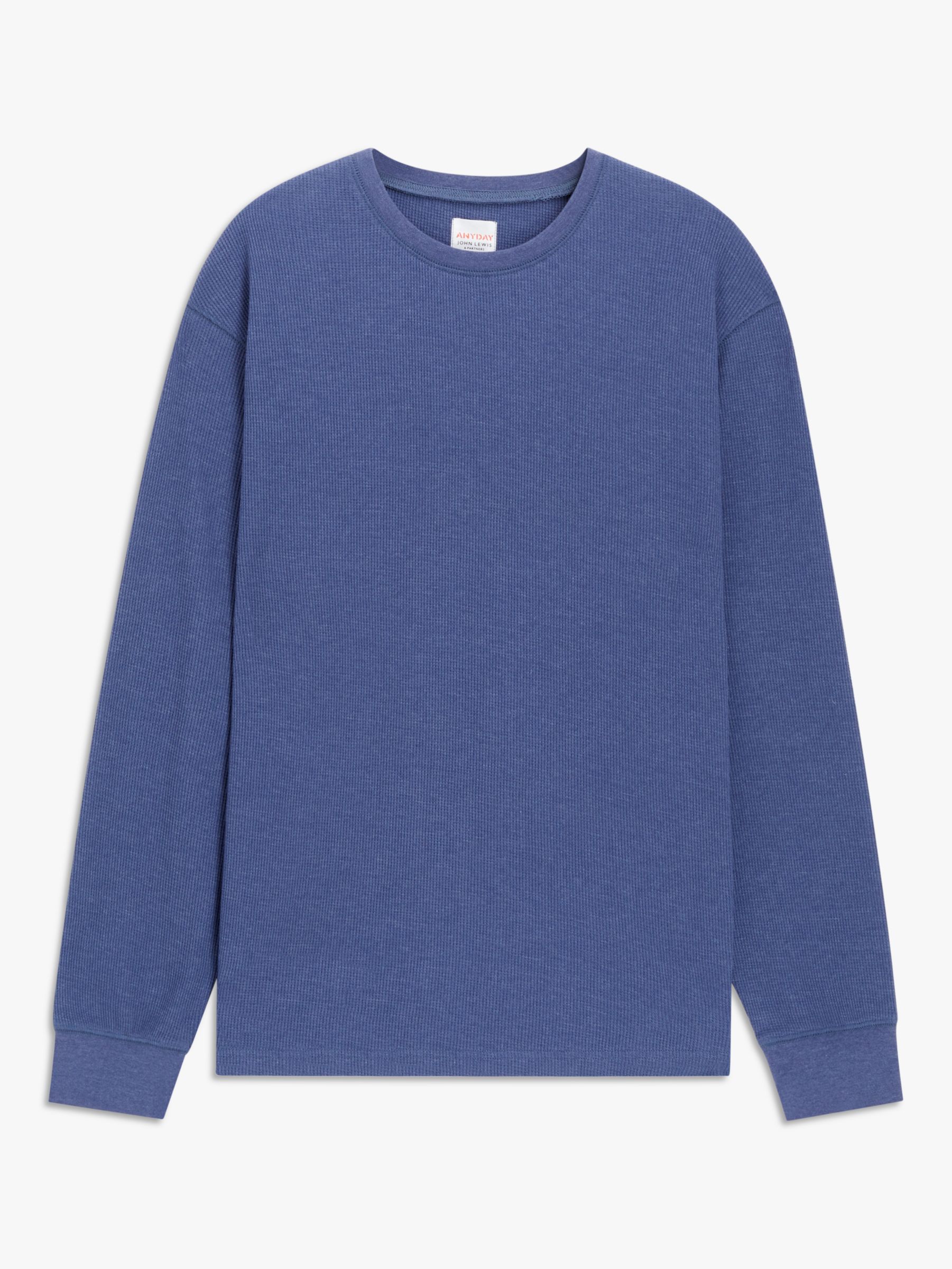 John Lewis ANYDAY Waffle Cotton Blend Long Sleeve Lounge Top, Twilight Blue, L