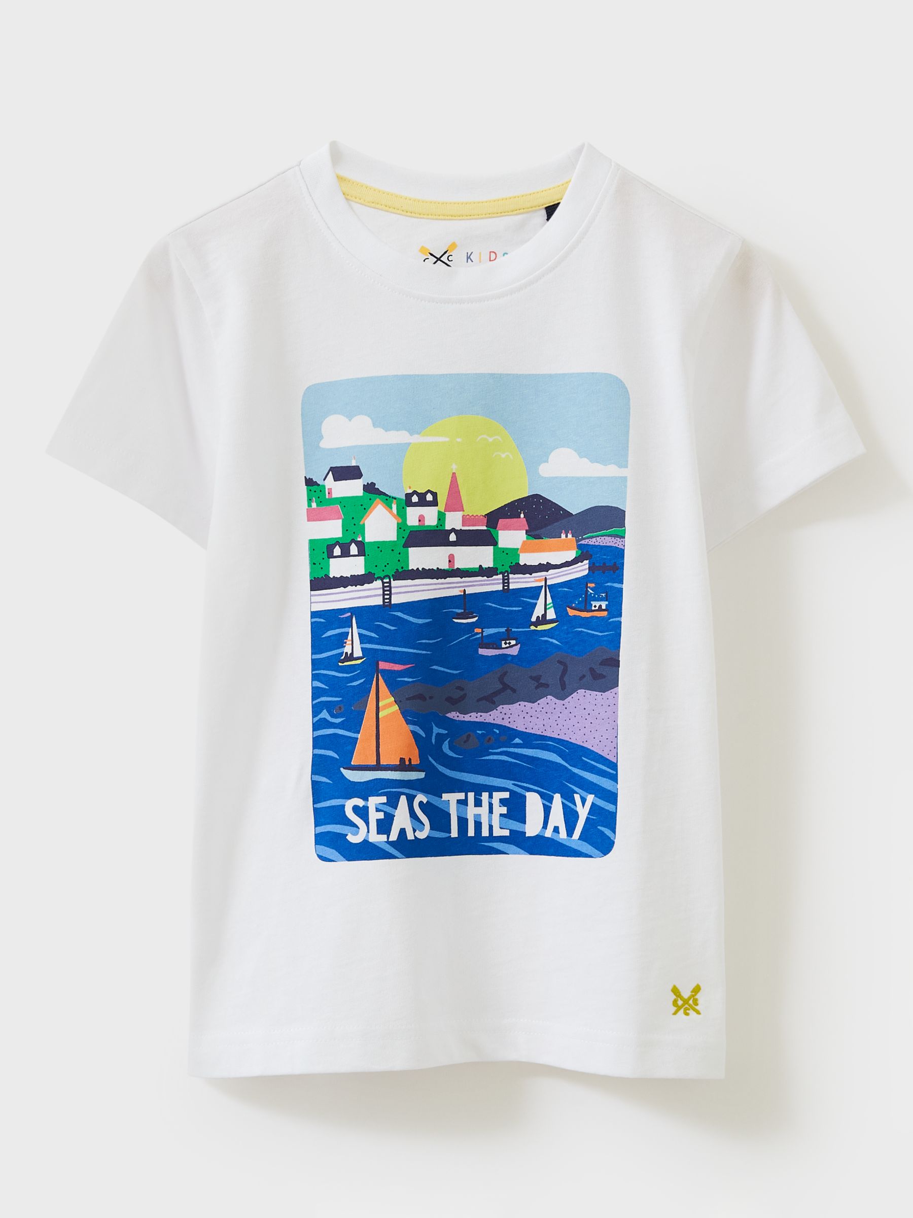 Crew Clothing Kids' Sea View Print T-Shirt, White/Aqua Blue, 3-4 years