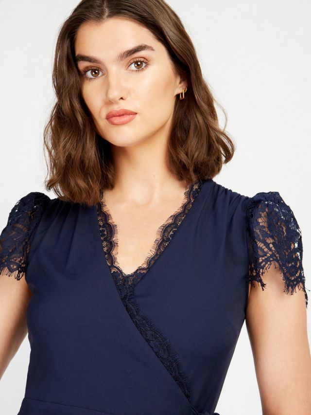 Little Mistress Lace Detail Wrap Dress, Navy, 6