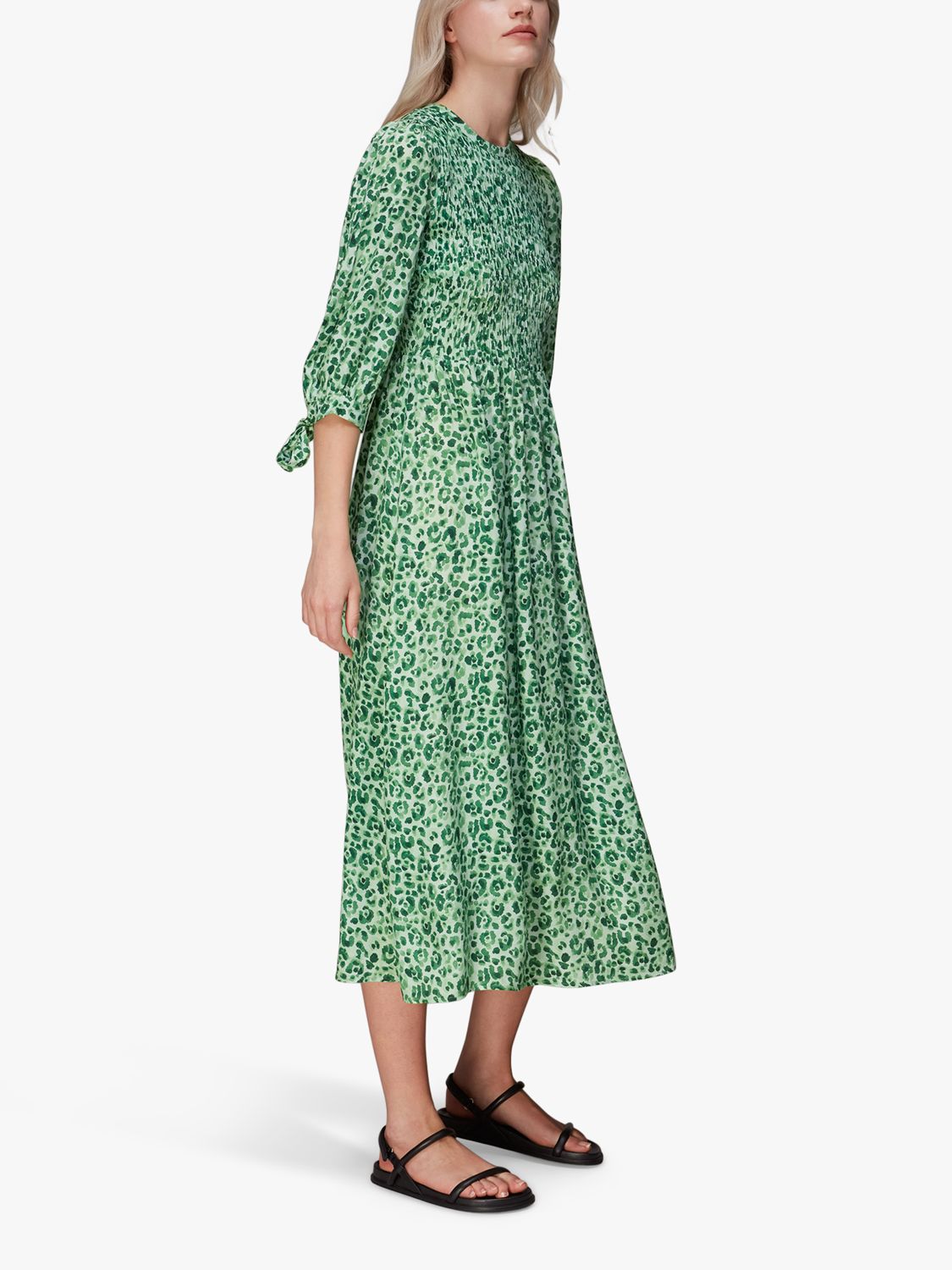 Whistles Cheetah Print Shirred Midi Dress, Green/Multi at John Lewis ...