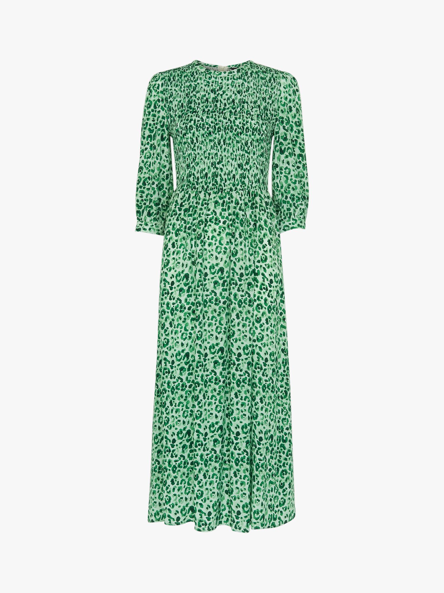 Whistles Cheetah Print Shirred Midi Dress, Green/Multi at John Lewis ...