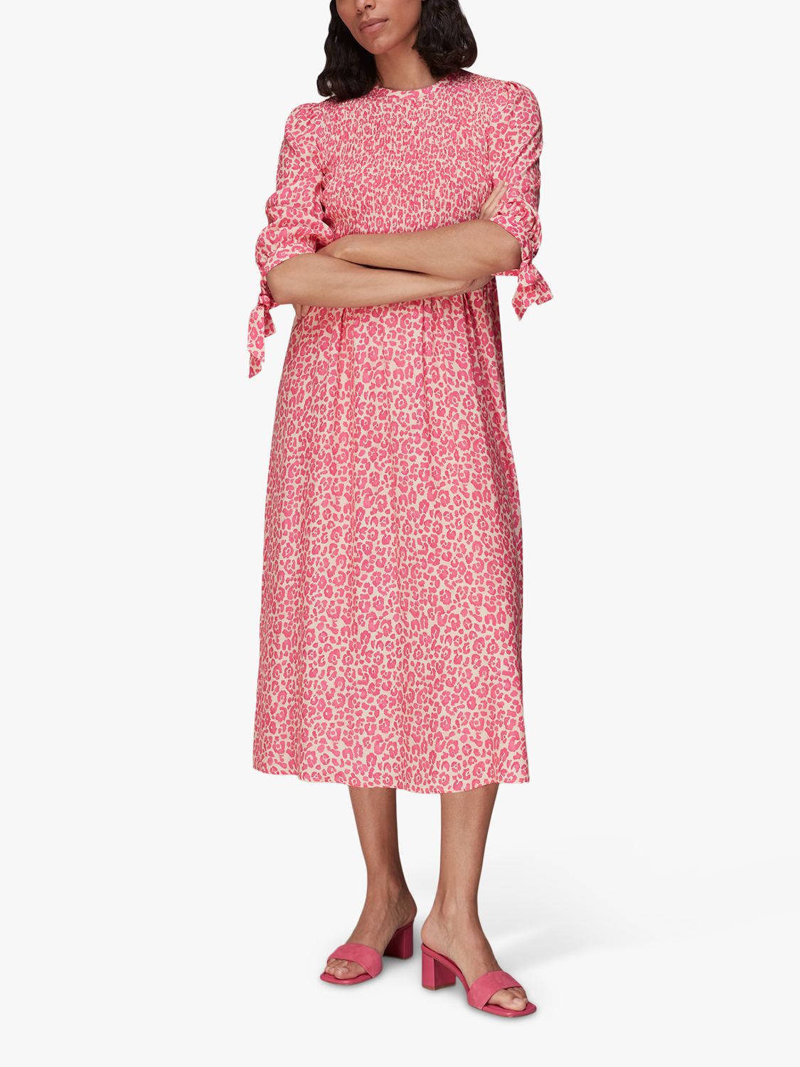 Whistles Cheetah Print Shirred Midi Dress, Pink/Multi at John Lewis ...