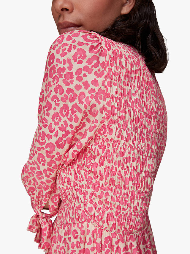 Whistles Cheetah Print Shirred Midi Dress, Pink/Multi