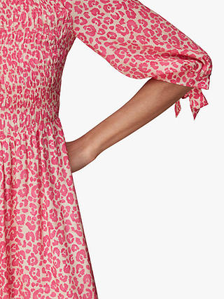 Whistles Cheetah Print Shirred Midi Dress, Pink/Multi