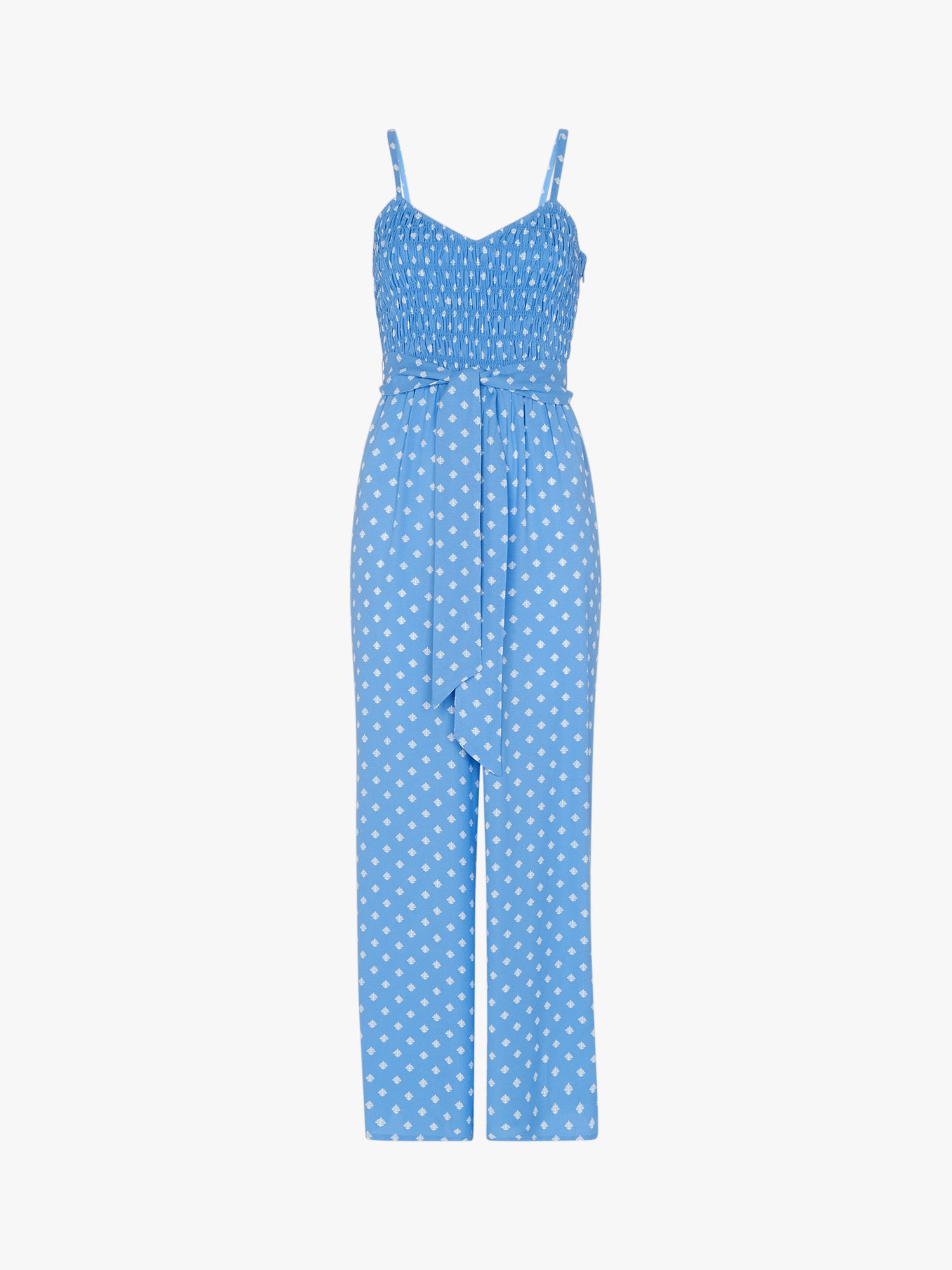 Whistles Rounded Leaf Shirred Jumpsuit, Blue/Multi at John Lewis & Partners