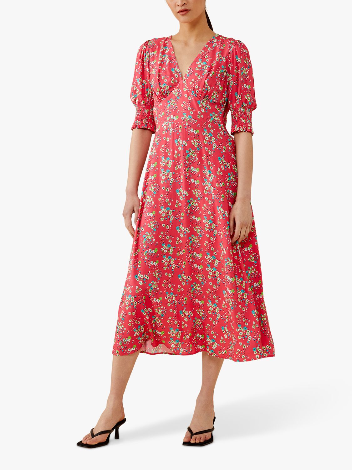 Finery Deena Floral Print Empire Line Midi Dress, Pink at John Lewis ...
