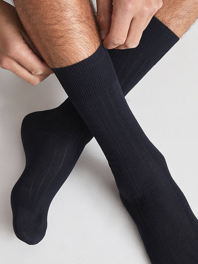 Reiss Fela Cotton Blend Ribbed Socks, Navy