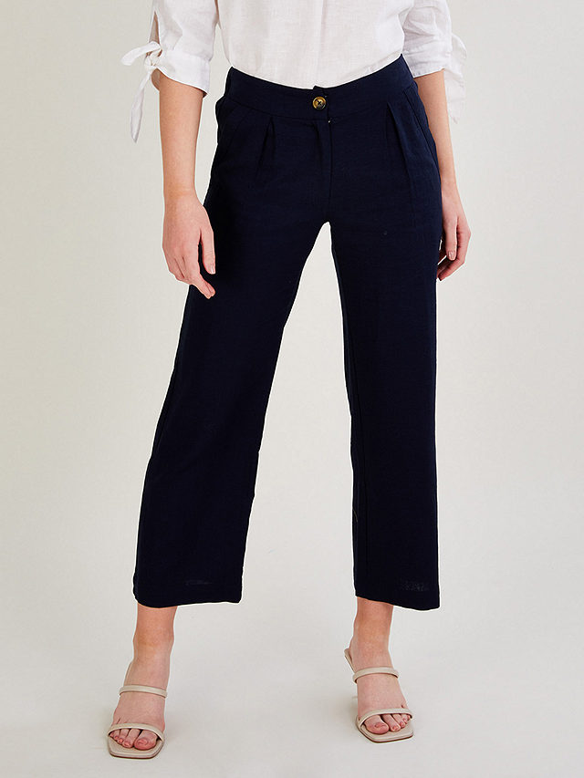 Monsoon Layla Linen Cropped Trousers, Navy, S
