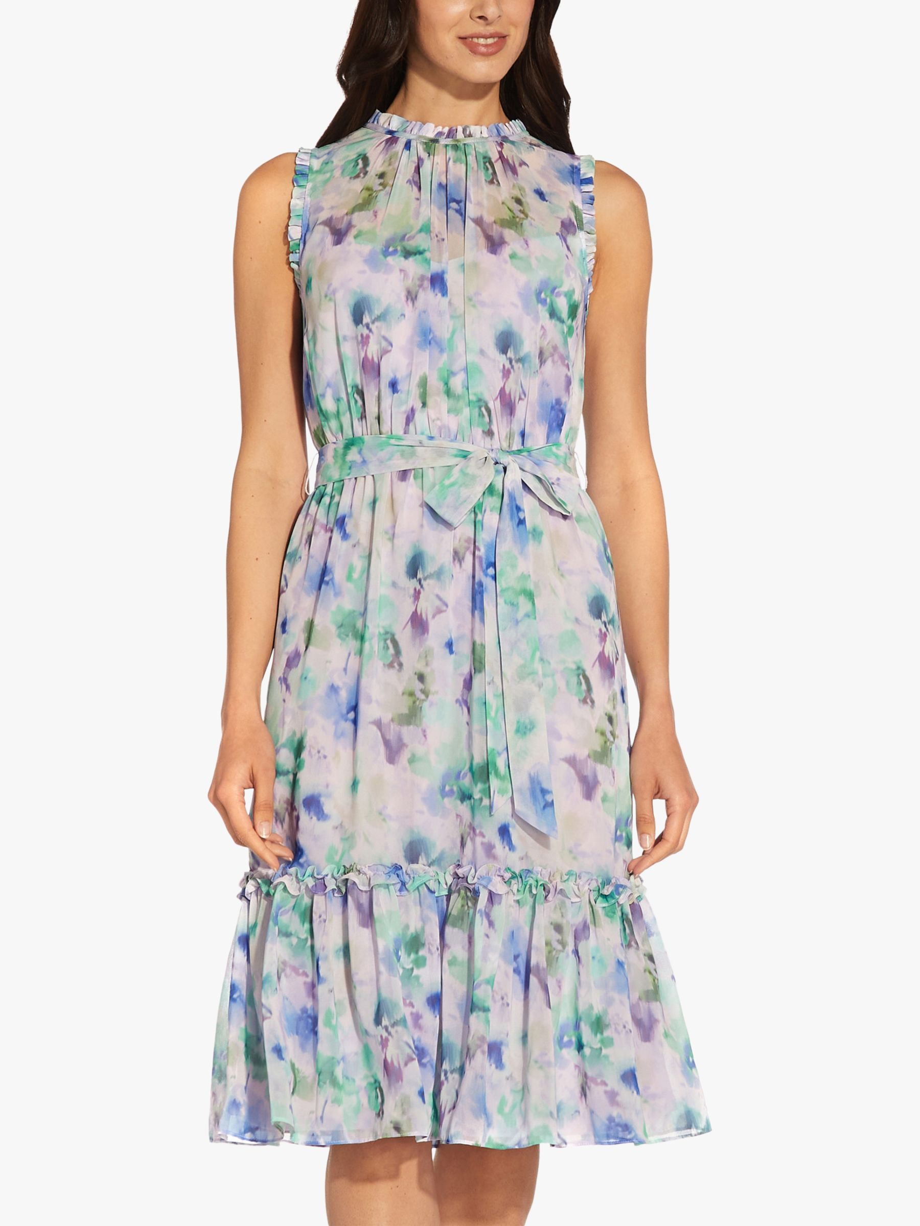 Adrianna Papell Watercolour Chiffon Sleeveless Dress Blue Multi