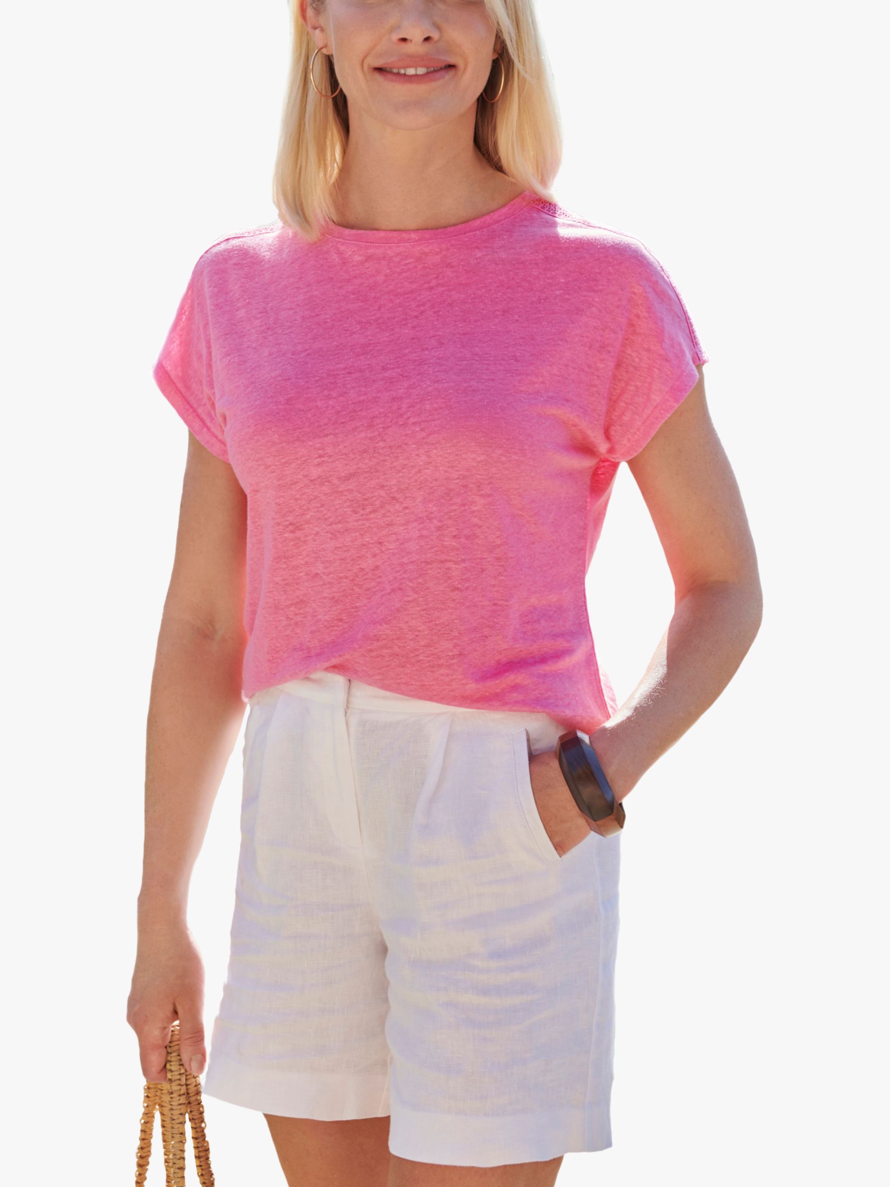 Pure Collection Boat Neck Linen T-Shirt, Hot Pink, 8