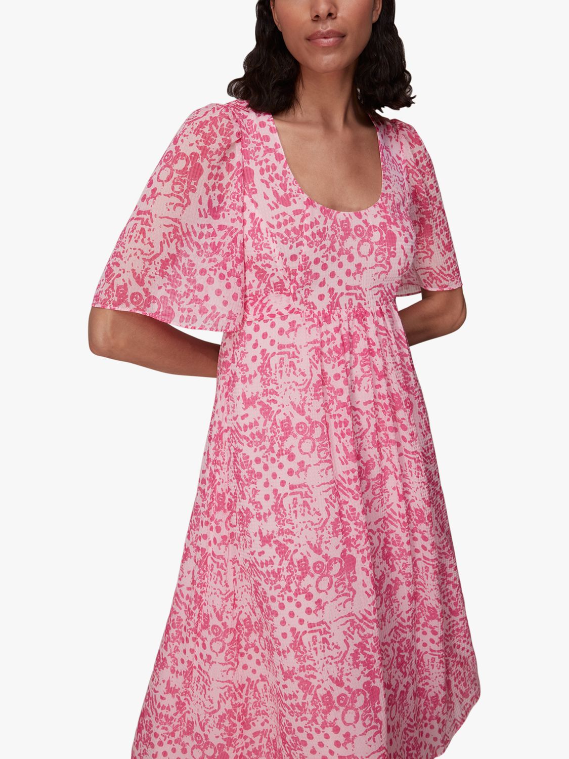 Whistles Abstract Batik Print Short Sleeve Midi Dress, Pink/Multi, 6