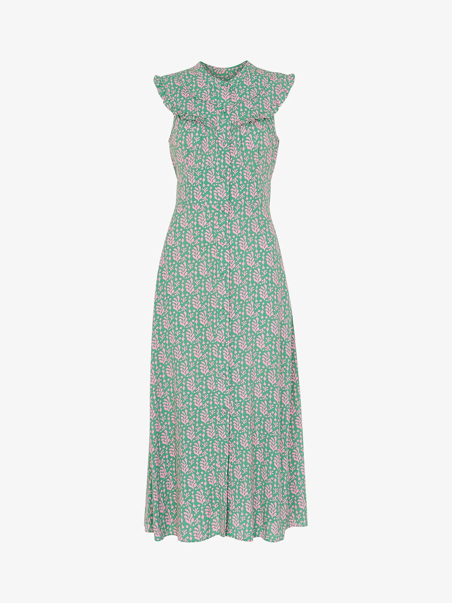 Buy Whistles Leaf Print Frill Neck Midi Dress, Green Online at johnlewis.com