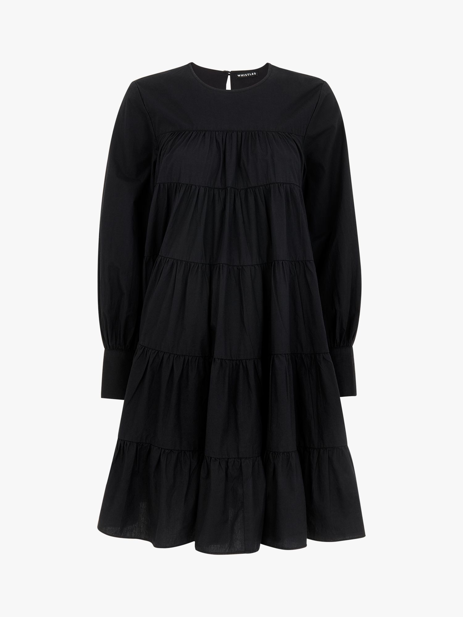 Whistles Ronnie Cotton Tiered Mini Dress, Black at John Lewis & Partners