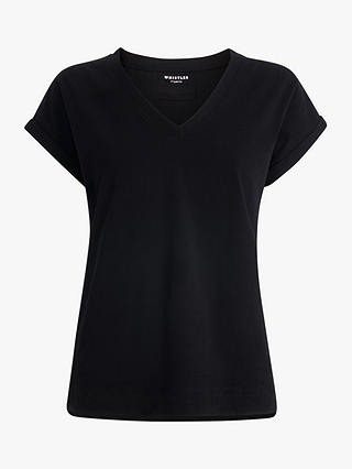 Whistles Willa Organic Cotton V-Neck Cap Sleeve T-Shirt, Black