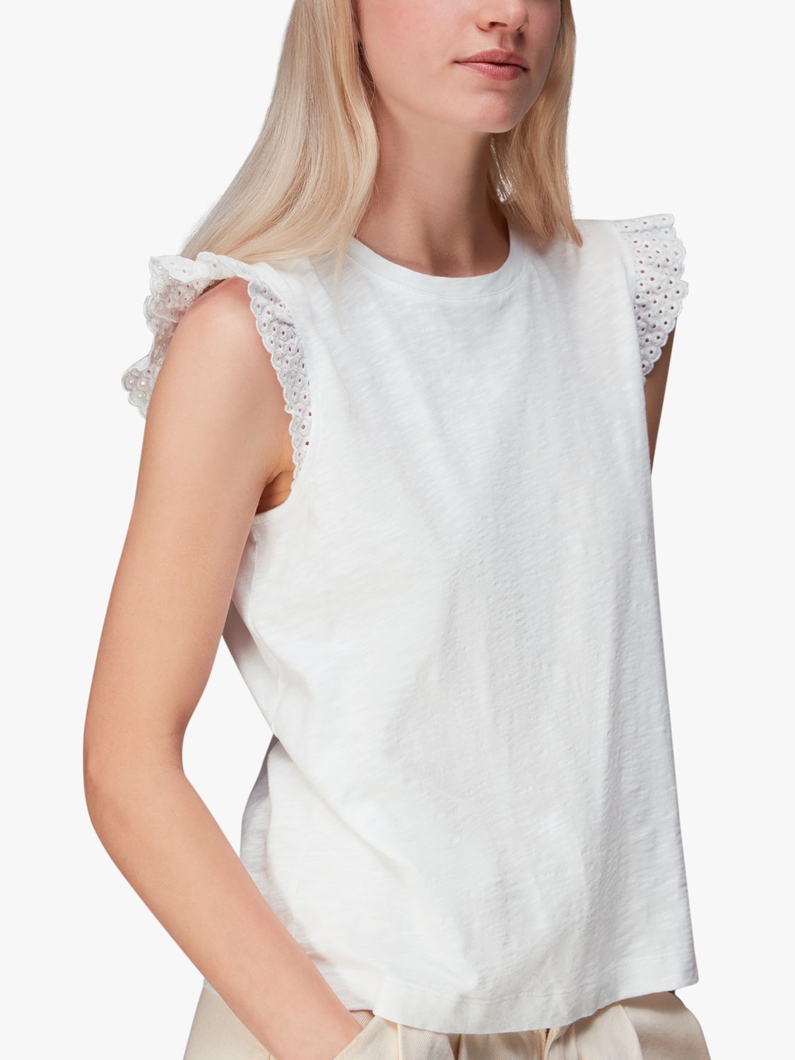 Whistles Broderie Frill Sleeve Top, White, M