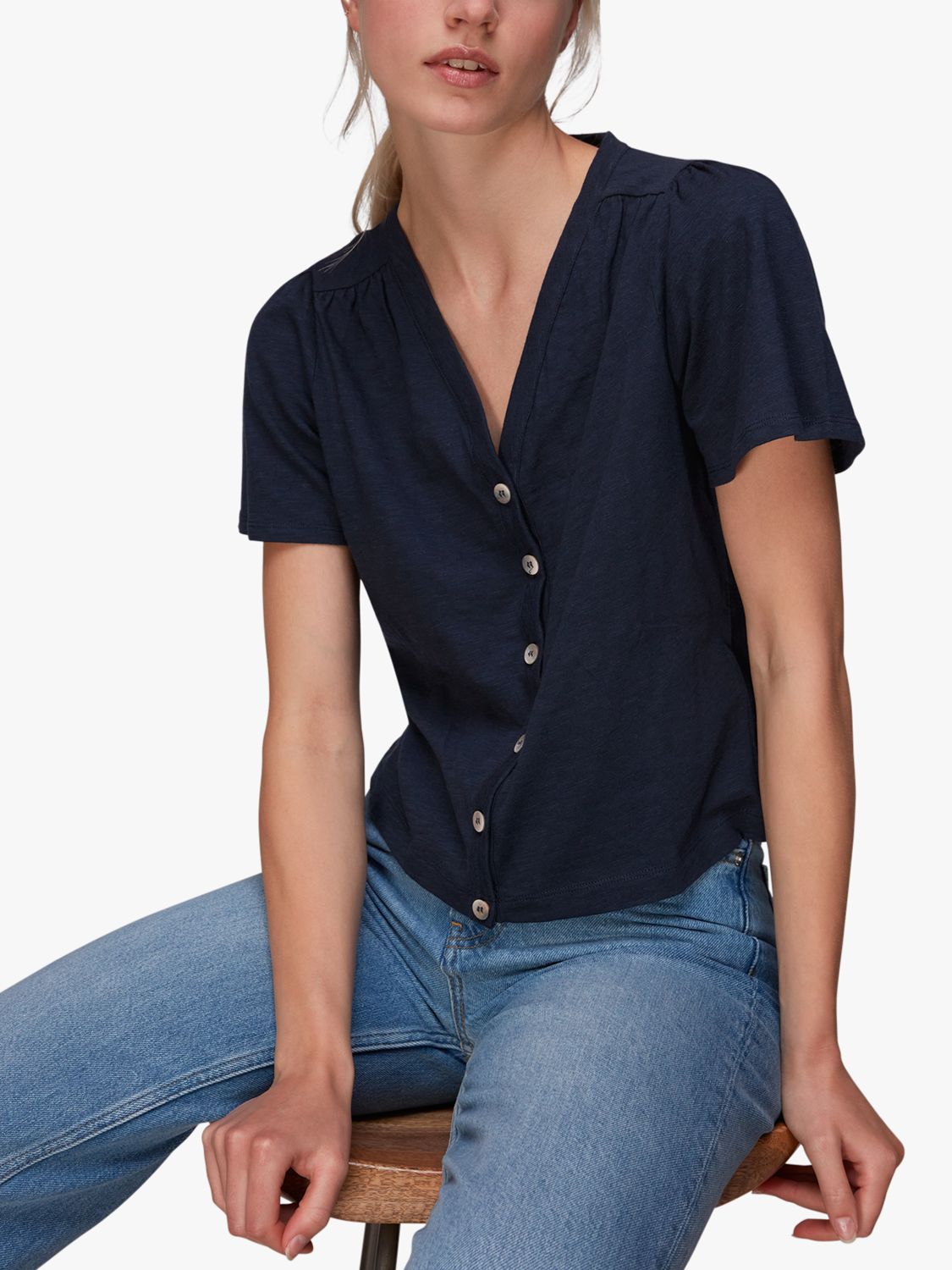 Whistles Maeve V-Neck Button Blouse, Navy, XS