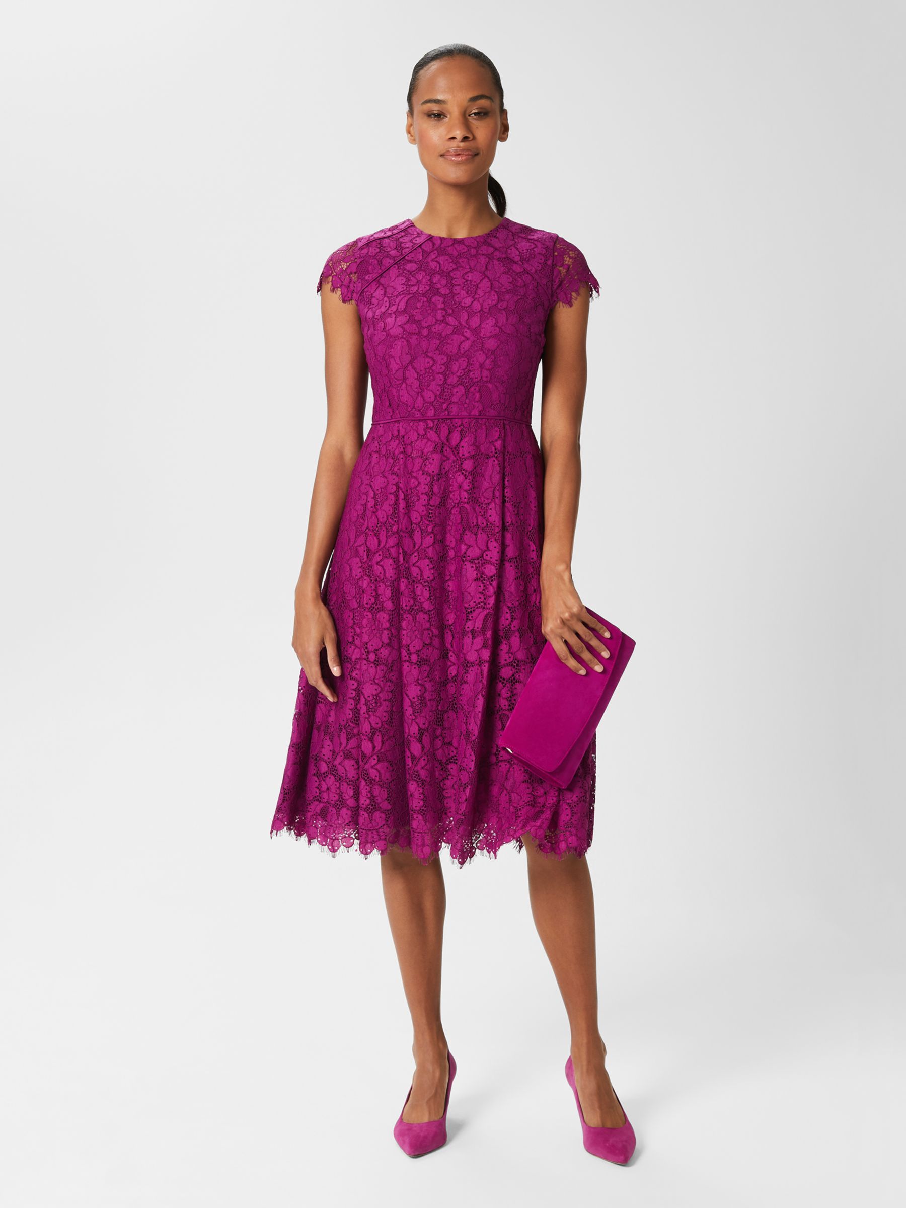 Hobbs Rosaleen Knee Length Dress, Berry Purple at John Lewis & Partners