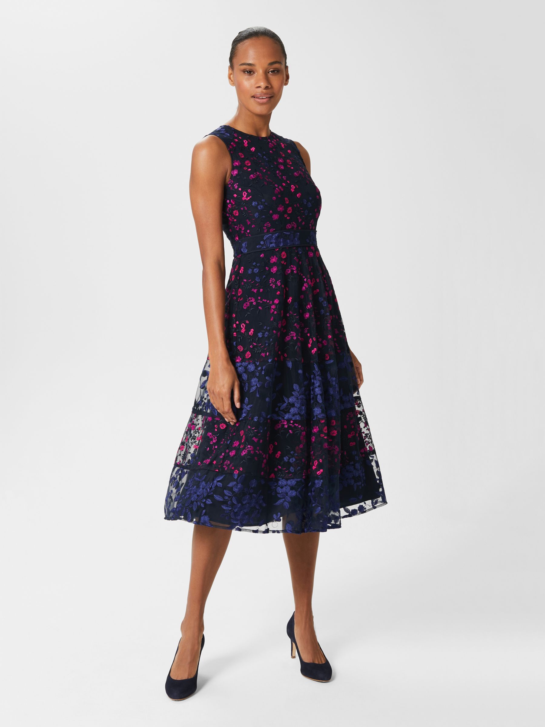 Hobbs Kasia Lace Midi Dress, Navy/Multi at John Lewis & Partners