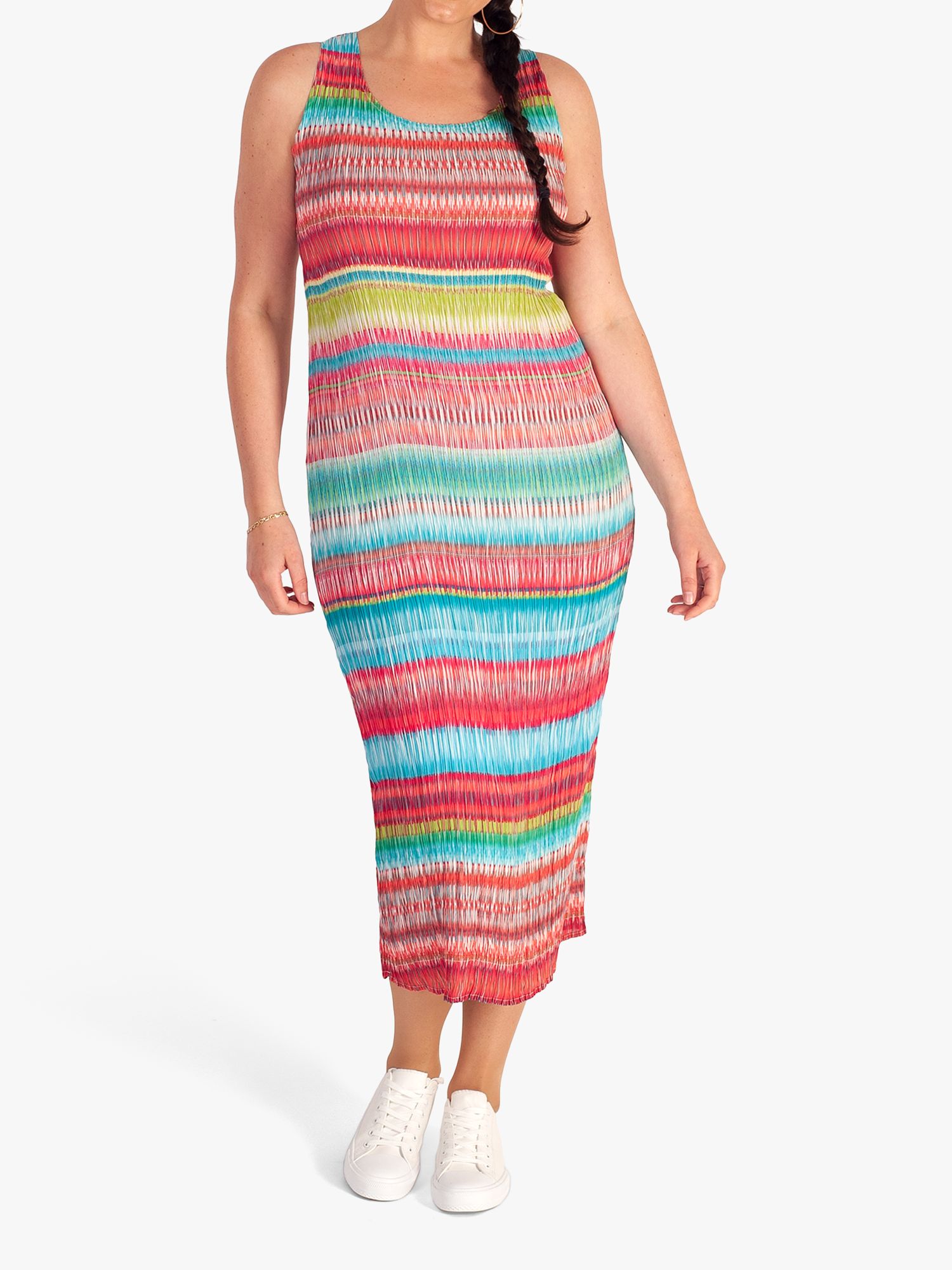 chesca Stripe Plisse Midi Dress, Coral/Multi, 16-18