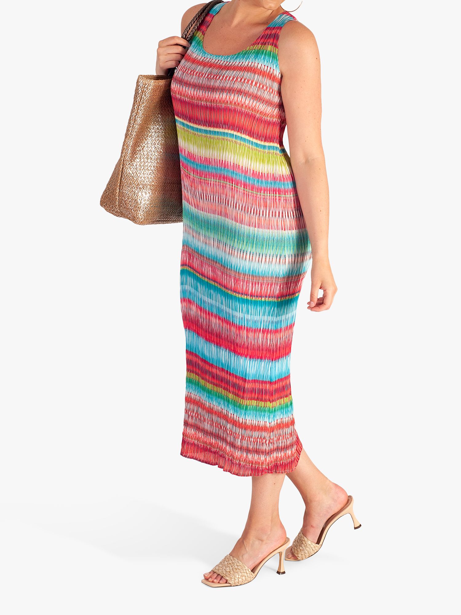 chesca Stripe Plisse Midi Dress, Coral/Multi, 16-18