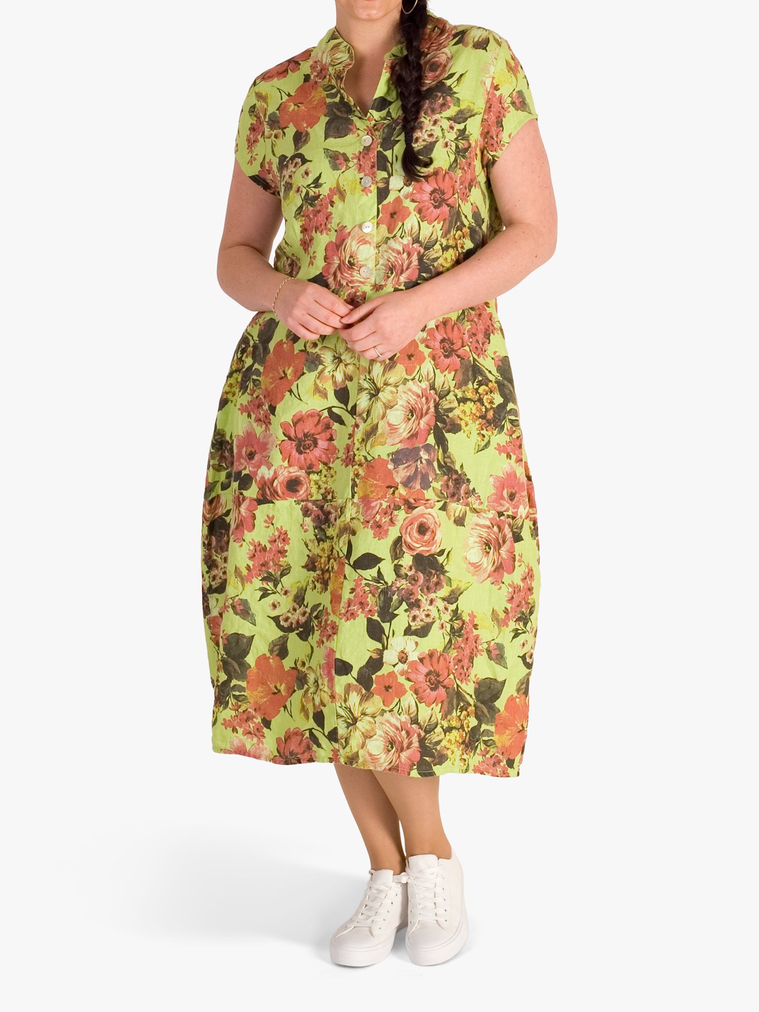 chesca Linen Floral Cocoon Midi Dress, Lime, 12-14
