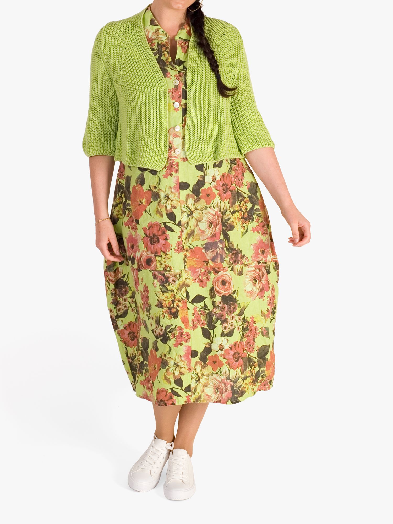 chesca Linen Floral Cocoon Midi Dress, Lime, 12-14
