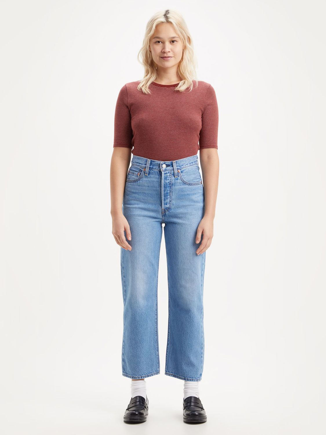 Levi's Ribcage Straight Cut Cropped Jeans, Indigo Worn In at John Lewis &  Partners